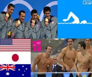 Puzzle Πόντιουμ κολύμβηση ανδρών 4 χ 100 μέτρο medley αναμετάδοσης, Ηνωμένες Πολιτείες, Ιαπωνία και την Αυστραλία - London 2012-